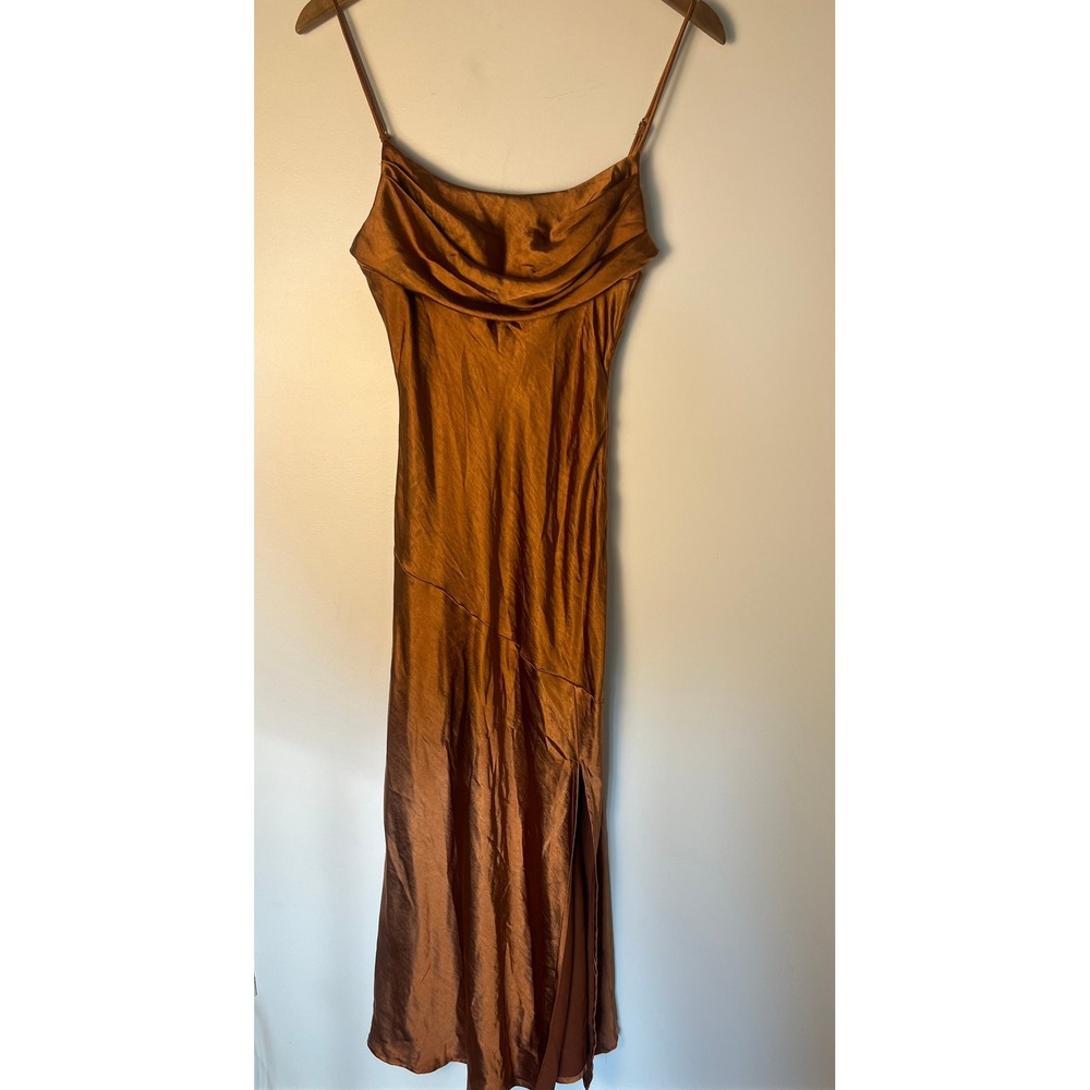 Saints + Secrets Midi Dress M Orange Bronze Satin Cowl‎ Neck Side Slit Old Money